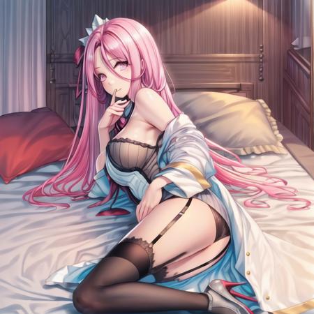 Lexington,pink hair, long hair, streaked hair, jacket, long dress, ribbon, thighhighs, garter straps, high heels, 