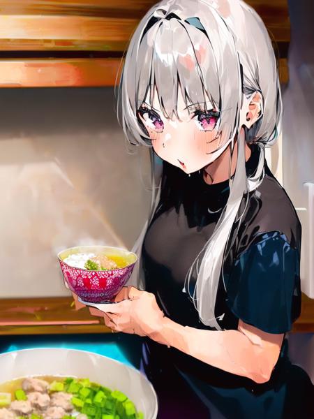 (((((1girl)))), grey hair,small breasts, straight hair,  pink eyes, blue apron,black shirt, holding,bowl, Zhangpu Rouyuan, soup, food, female focus, upper body, kitchen, <lora:Zhangpu Rouyuan:1>, masterpiece, best quality,