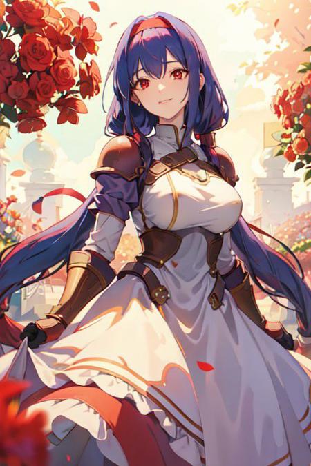 armored dress, red eyes, blue hair, bangs, sidelocks, very long hair, twintails, bangs, red hairband