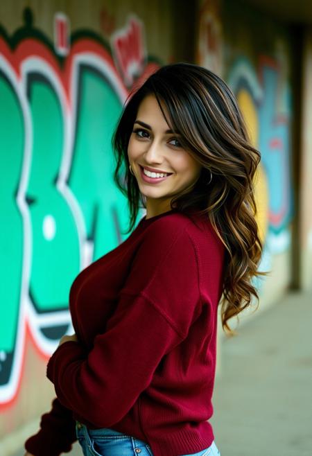 a brunette woman wearing a maroon sweater,she is beautiful,she is smiling in a sexy way, professional photo shoot, urban grunge setting, graffiti, DSLR, film