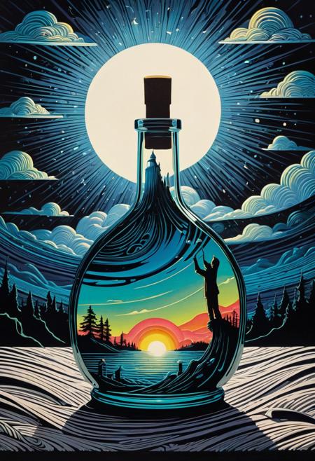 A glass bottle sits on a plain cloth in raking light — inside, instead of liquid, there’s a miniature figure painted in neon colors, arms outstretched, silently screaming from within the vessel., woodcut-inspired graphics, dreamscape portraiture, trompe-l'œil illusionistic detail, detailed skies, monochrome canvases, mural painting style, close-up intensity, intricate textures, dramatic contrasts, surreal atmosphere, fine linework, depth through shading, storytelling composition, timeless aesthetic, expressive forms