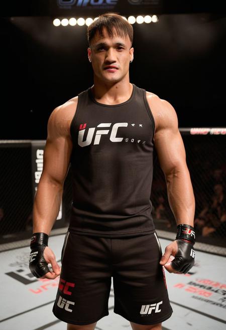 homoerotic photo of Charles Melton a man <lora:asim-riaz-Charles-Melton:1>, UFC fighting ring, cocky expression, as a UFC fighter, (black muscle shirt:1.4), Venum UFC shorts, ((full body portrait)), wide angle, ((masterpiece)), natural skin, natural body muscle definitions, adobe lightroom, photolab, intricate, highly detailed, sharp focus, insane details, intricate details, hyperdetailed, low contrast, soft cinematic light, exposure blend, dim colors, dim light,  Award - winning, with Kodak Portra 800, a Hasselblad 500 ,55mm f/ 1.9 lens, extreme depth of field, available light, high contrast, Ultra HD, HDR, DTM, 8K,