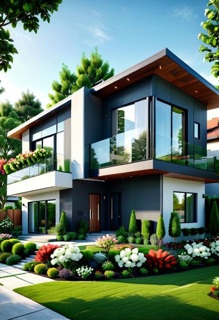 (masterpiece), (high quality), best quality, real, (realistic), super detailed, (full detail), (4k), 8k, modern house exterior design, modern architecture, clean lines, simple shapes and a strong attention focus for functionality, tree, flower garden in front of the building,
