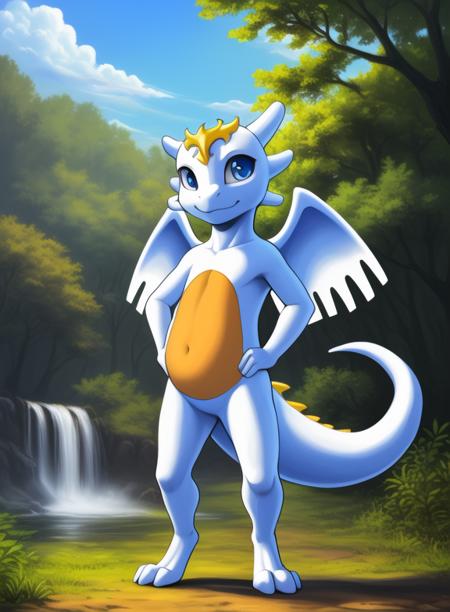 GodDragonDraVil, dragon,( white skin), brown belly, blue eyes,( chibi, small body,) wings,