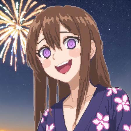 <lora:hcnone:1>, hcnone,  pixel art, 1girl, :d, bangs, blush, breasts, brown hair, bucket, cleavage, clouds, cloudy sky, collarbone, eyebrows visible through hair, fingernails, fireworks, floral print, from below, hair between eyes, hair ornament, hand on own knee, highres, holding, japanese clothes, kimono, large breasts, long hair, long sleeves, looking at viewer, night, night sky, open mouth, outdoors, round teeth, sandals, senkou hanabi, sky, smile, solo, sparkler, squatting, star \(sky\), starry sky, teeth, tree, two side up, violet eyes, yukata