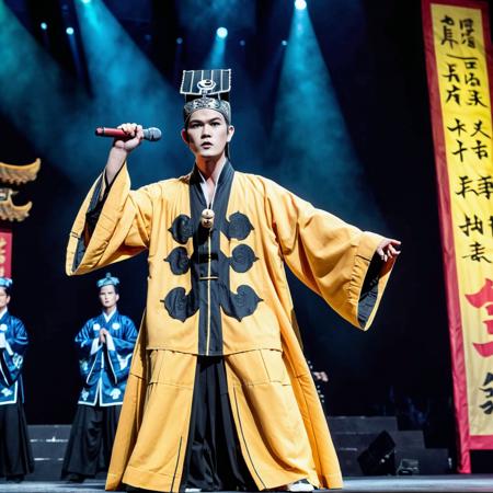 Jay Chou as a Maoshan Taoist priest in a yellow robe, performing a ritual on a large concert stage, in a realistic style. He holds a peach wood sword in one hand and a microphone in the other, combining the worlds of ancient mysticism and modern music. The stage is elaborately designed with dramatic lighting, amplifying the fusion of Taoist elements and a contemporary concert setting. The background is filled with a massive, energetic crowd, captivated by the unique performance. The image captures the intensity and charisma of Jay Chou, with a focus on the intricate details of his Taoist attire and the dynamic energy of the concert <lora:dosifuku:0.7>,   (hat),