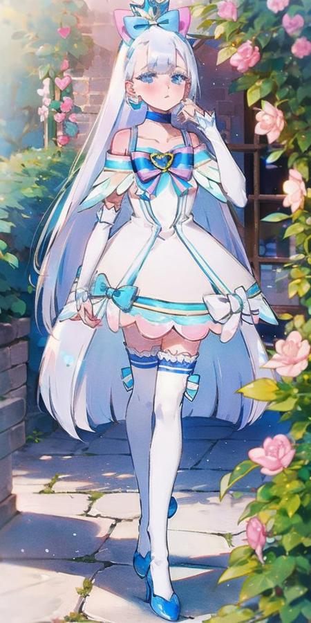 cure nyammy big pretty eyes blue eyes long hair bangs blunt bangs white dress light blue ribbon on dress bow magical girl heart brooch choker jewelry thighhighs earrings blue footwear blue heels kitten heels blue kitten heels