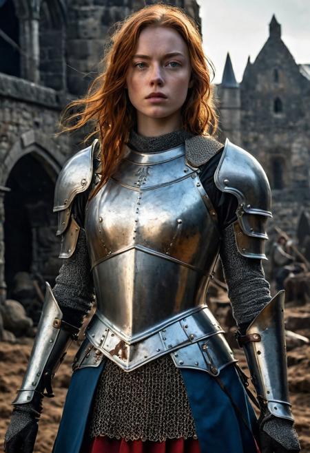 High resolution ultra-realistic of Beautiful Warrior Sadie Sink as Joan of Arc, 8k, capturing the intensity of the moment, cinematic lighting, standing on a bloody and stormy battlefield in bloody battle, wavy red hair, realistic dirty pale face, realistic blue eyes,  beautiful hourglass figure, burning in a medieval Town, intricately designed iron and silver armor, red mini skirt, Dark Ages Aesthetic, perfect athletic figure, beautiful Warrior Joan of Arc, fire, ultra realistic, cinematic style, vigorous and seductive, athletic figure, dark fantasy, dramatic lighting, wet and sweaty skin, dirty skin, athletic figure, dark fantasy, dramatic lighting, Greg Rutkowski style,, Warrior Joan of Arc on in iron armor, hyper-detailed, hyper-realistic, bright colours, Attractive 21 old years girl, Attractive, beautiful firm Breasts, sharp focus, digital painting, Photograph Taken on Nikon D750, Alphonse Mucha, 8K, athletic figure, Hyperdetailed, hyperrealism, Attractive, Attractive bust girl, asymmetric balance
