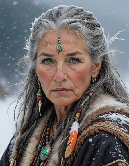 The portrait of an ancient shaman in the Stone Age. A violent snowstorm is raging in the far north.
 The old bear fur on the wise woman's shoulders is covered with snow. Her long, gray hair blows in the wind. 
Snow whips into her face. Her green eyes seem to glow from within. Her wrinkled face shows decades of experience as
 she looks calmly at the viewer. She doesn't seem to mind the heavy snowstorm around her. It is decorated with amulets,
 bones and colorful feathers that move in the wind. The haggard face contrasts with the cold, snowy background,
 lost in the blizzard. Professional photography, Smooth Quality, ArsMJStyle, Colored pencil hyperdetailed realism, <lora:clear:1>, <lora:FF.101.juggernautXL_version6Rundiffusion.LORA:0.7>, <lora:Hyperdetailed_Colored_Pencil:0.6>, <lora:SDXLDetailer:1>