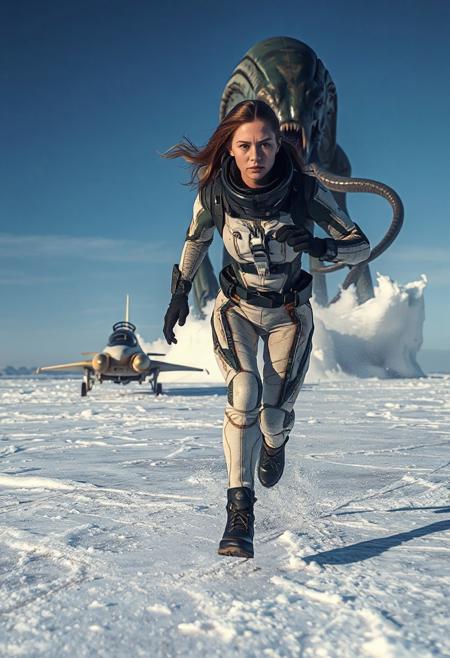 ront view of a young teriified woman wearing a sophisticated futuristic spacesuit is running really fast on an arctic ice sheet, in the distant background is an angry huge massive grotesque detailed horrific unnatural alien creature with tentacle that is bursting out of the ice sheet and chunks of ice are scattered and it is destroying and attacking a small fighterjet style spaceship on landing gear on the ice, blue sky, windy, cold, extreme attention to detail, cinematic scene, award winning photography