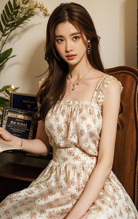 1girl, solo, necklace, long hair, jewelry, brown hair, dress, sitting, pillow, realistic, white dress, lips, holding, print dress, floral print, sleeveless, brown eyes, parted lips, book, sleeveless dress,
 <lora:zipai:0.85>