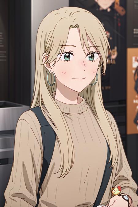 best anatomy, detailed eyes, perfect eyes, yuzukiv1, long hair, grey eyes, 1girl, solo, smile, blonde hair, simple background, medium sleeves, sweater, turtleneck, hoop earrings, brown sweater, pants, bag, watch, wristwatch, high-waist pants, upper body, portrait, Posing as if holding a baby duck, <lora:YuzukiV1:0.9>