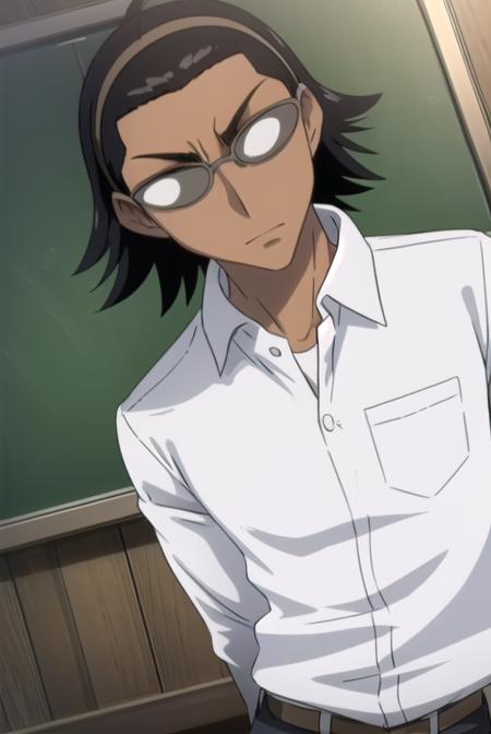 kenjiharima, <lora:kenji harima s2-lora-nochekaiser:1>,
kenji harima, black hair, male focus, glasses, dark skin, dark-skinned male hair band, ahoge,
BREAK school uniform, belt, shirt, white shirt, collared shirt, long sleeves, pants, black pants,
BREAK indoors, classroom,
BREAK looking at viewer, (cowboy shot:1.5),
BREAK <lyco:GoodHands-beta2:1>, (masterpiece:1.2), best quality, high resolution, unity 8k wallpaper, (illustration:0.8), (beautiful detailed eyes:1.6), extremely detailed face, perfect lighting, extremely detailed CG, (perfect hands, perfect anatomy),