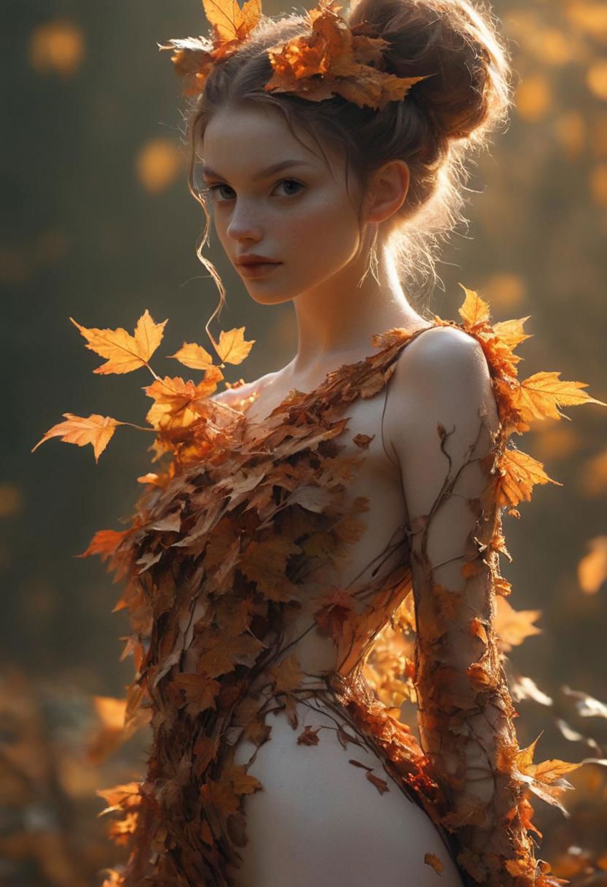 Artistic Portrait of a Naked Woman with Autumn Leaves Dress, Posing for a Picture.