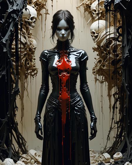 fully clothed young female, liminal space, Synthesis, Phase Harmony, relief, Silk, Fourier, Bekeshi and Surface, by Ashley Wood, mechanical and organic background, contrast of light and dark, surreal atmosphere, Eldritch abomination, amorphous shapes, chaotic forms, unsettling textures, whispers from the void, haunting emanations, shadowy depths, incomprehensible horror, eerie, otherworldly, grotesque amalgamations, (blood:1.4), (full body:1.5), alabaster