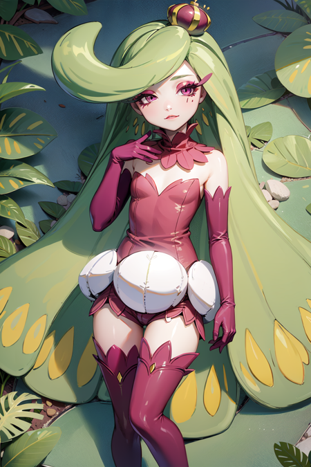 tsareena, solo, pokemon \(creature\), plant girl, monster girl, multicolored skin, green hair, very long hair, tri tails, mini crown, purple eyes, makeup, eyeshadow, eyelashes, half-closed eyes, purple thighhighs