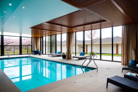 <lora:JJsSwimingpool_v2:.7>,  ((swiming pool)), interior, no humans, scenery, tree, window, water, sunlight , RAW photo,Masterpiece, high quality, best quality, authentic, ,windows , dslr, soft lighting, high quality, film grain, Fujifilm XT3 ,ceiling light, tile floor, water, blue blue sky, palm tree, curvy wall, hotel, pool, bench, chair ,building, tree, cherry blossoms, spa, bikinni, multiple girls, window, curtains, dramatic lighting, <lora:add_detail:.8>