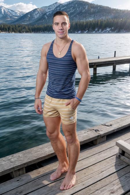 <lora:jake_dalton-04:0.75> photo of jake_dalton, natural relaxed expression, posing on a pier on lake tahoe, wearing a striped tank top and board shorts, bare feet, clear waters, scenic mountain backdrop, serene majestic setting, golden hour, natural lighting, wristband, necklace