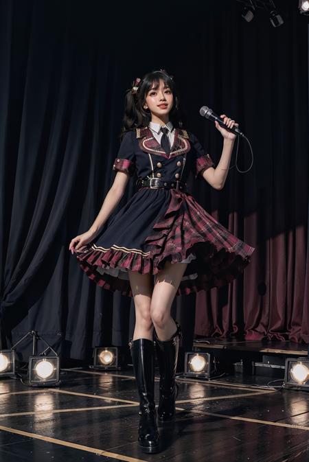 realistic, photorealistic, masterpiece, incredibly absurdres, extremely detailed, best quality, idol_costume, knee boots, 1girl, solo, idol, full body, long black hair, twintails, standing, stage in the backgorund, stage lighting, stage spotlight, detailed background, audience, holding microphone, singing, <lora:idol_costume_style5_v1:0.7>