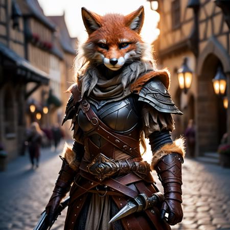 highly detailed full color candid photo of a werefox:1.2, 1girl,
werefox, solo, holding weapon, gauntlets,
realistic, depth of field, blurry background,
medieval town square,
(silhouette lighting:1.2),
