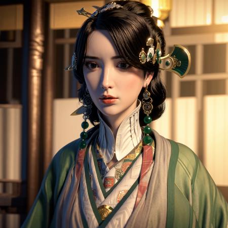 a woman with a green and gold head piece and a green and gold necklace and a green and white kimono, (1girl:0.971), (3d:0.917), (black hair:0.839), (blurry:1.000), (blurry background:1.000), (blurry foreground:1.000), (bokeh:0.525), (building:0.541), (chinese clothes:0.858), (chromatic aberration:0.755), (city:0.500), (closed mouth:0.524), (depth of field:1.000), (earrings:0.789), (hair ornament:0.519), (jewelry:0.678), (lips:0.669), (looking at viewer:0.778), (motion blur:0.957), (photo \(medium\):0.801), (photo background:0.930), (photorealistic:0.581), (solo:0.769), (upper body:0.803)