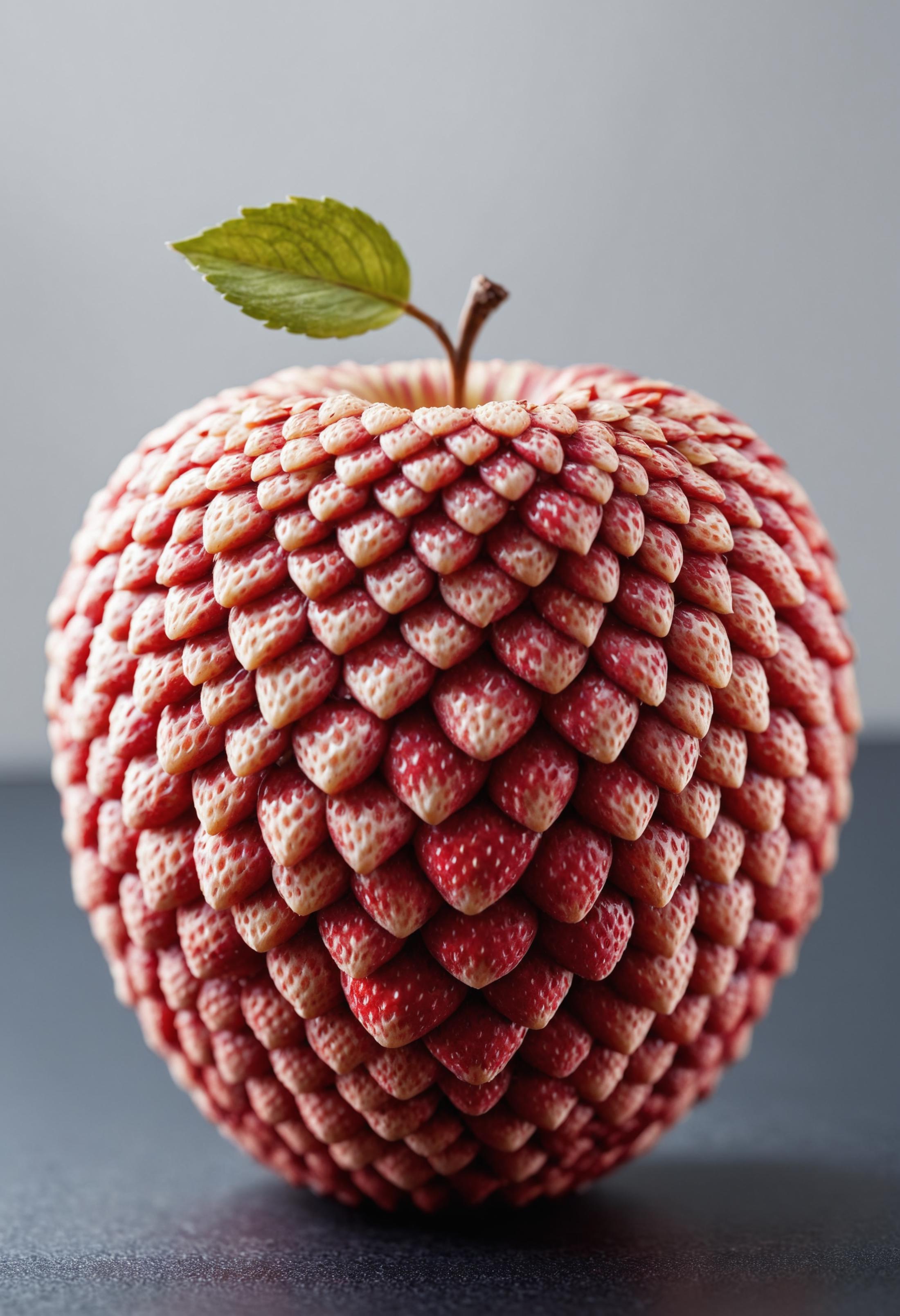 A large red apple with strawberry seeds on top.