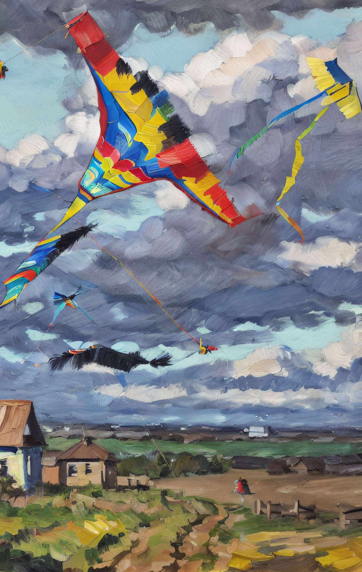 (a painting by mse) (brush strokes) of a landscape with houses, mud road and clouds in the background and a kite flying in...