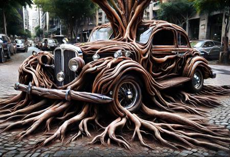 morph-treeroots , vintage car,polished chrome details,classic style design,in city,photography<lora:tree roots_0_100_V1-000008:1>