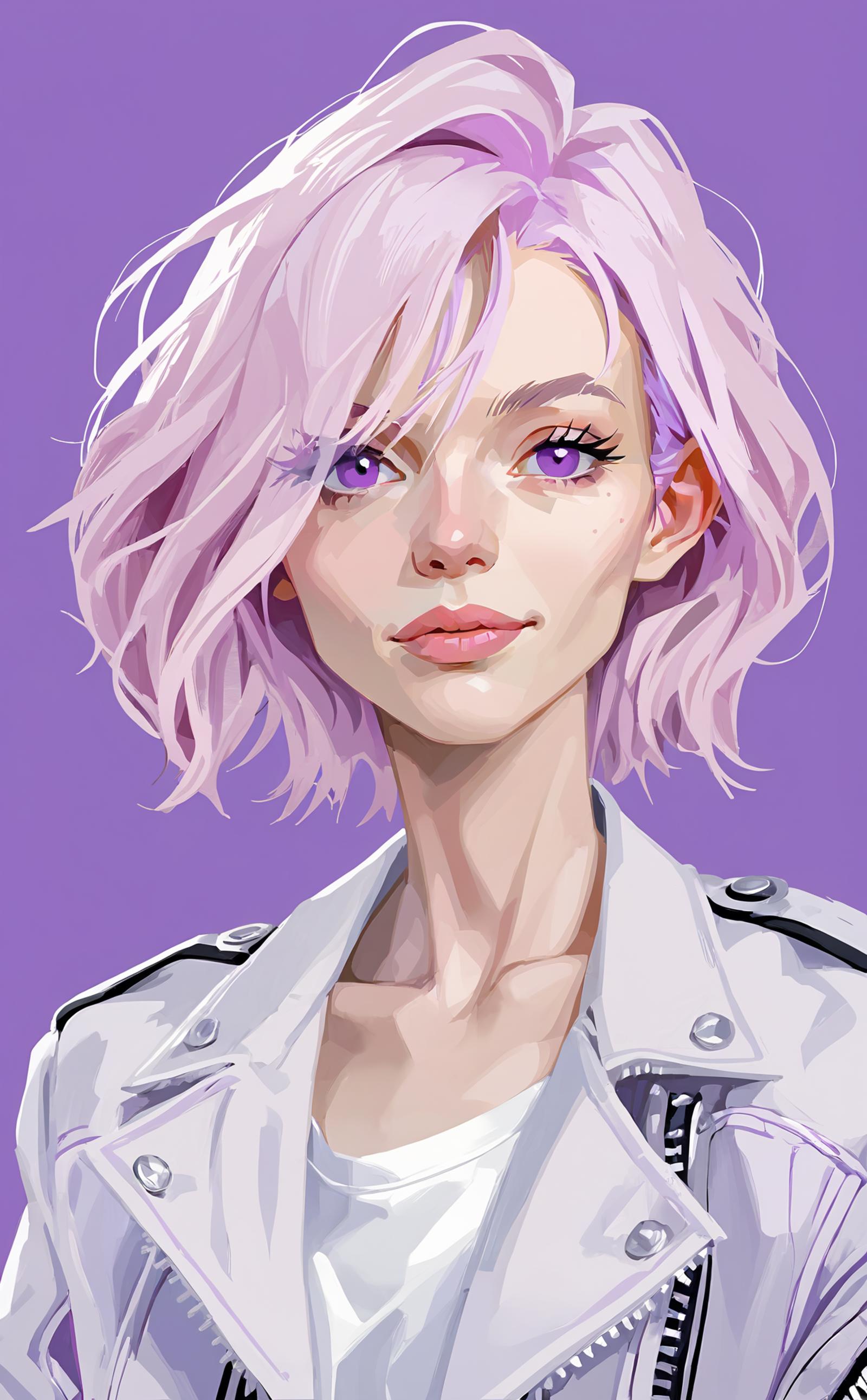 A girl with purple eyes and a white jacket.