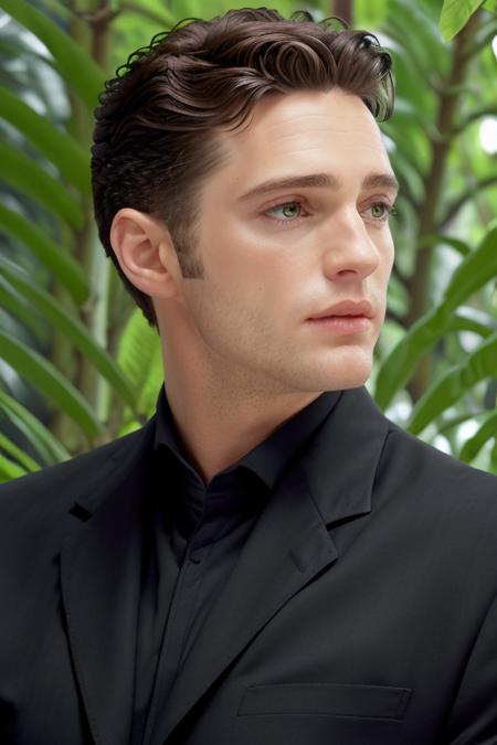 a man in a stunning black suit, in a jungle paradise, looking away, perfect day, ((close up)), clean shaven, raw, 8k uhd <lora:jasonPriestly:1>