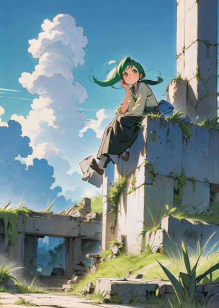 <lora:lora:1>, highres, detailed, ashinano-style, 1girl, green hair, wide shot, grass, overgrown, ruins, sitting, blue sky, clouds