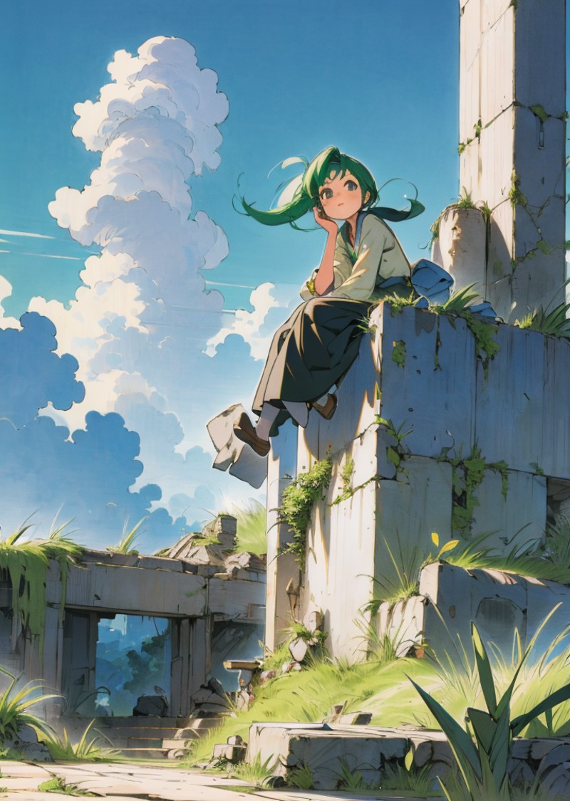<lora:lora:1>, highres, detailed, ashinano-style, 1girl, green hair, wide shot, grass, overgrown, ruins, sitting, blue sky...