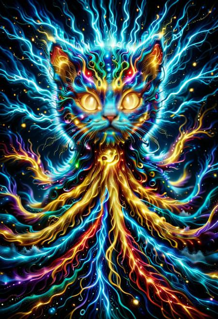 octocat made of golden and blue and red and yellow and purple lightning thunder trails, a mythical creature with the head of a cat and the body of an octopus, (cat head:1,6), whiskers, (cat ears:1.5), (inner fluff ears:1.3), (cat eyes:1.5), tentacles, eight tentacles, twisting tentacles, swirling tentacles, dark background, deep sea background, directed light, spotlight, best_quality, masterpiece, absurdres, highres, subject_focus, depth_of_field, ultra_detailed, sharp_focus, high_detail, intricate detail, clean_lines, volumetric lighting, dynamic shot, 
lthndrtrl, aidmaImageUpgrader