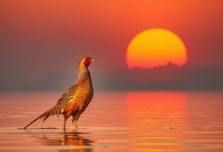 a golden pheasant standing in an infinite lake at sunrise. theres a huge orange sun in the background. slight glow  on the pheasant gold plumage. the pheasant has red body feathers and a golden chest and head feathers. it has long tail feathers. there are some clouds blocking some of the suns light