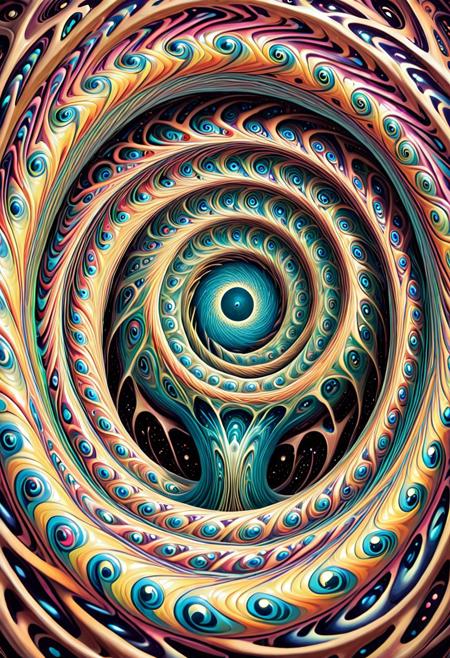In a dimension where the bizarre and the beautiful meld seamlessly, a fantastical entity emerges, embodying the essence of psychedelic wonder and surrealism. This creature is a living canvas of **Droste Effect Patterns**, its form spiraling inward infinitely, creating a dizzying illusion of depth and recursion that captivates the mind.