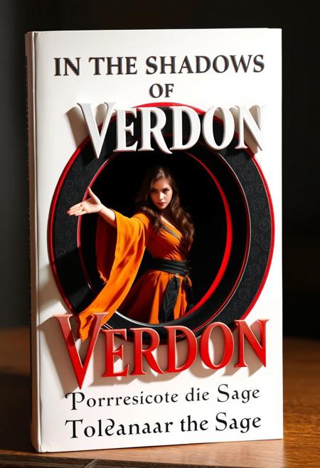 Create a book cover called ("In the Shadows of Verdon"), the letters of the title are 3D embossed white letters jutting out of the cover on a white background but you can read the dark shadow they cast on the page, the cover is white, in the middle of the book there is a beautiful Summoner brunette woman in fantasy wizard orange clothing being pulled into a black portal with a red edge, the portal is the "O" in "Verdon", there is extreme foreshortening as she extends her arm towards the viewer while her body is pulled inside the black portal with the red outline.  The book cover has vivid colors with a color silver and white and red color pallette very well rendered and extremely detailed, at the bottom are the name of the author ("Toldanar the Sage") written in english with a fancy French font surrounded by magical runes