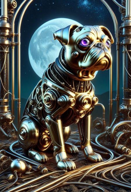 score_9, score_8_up, score_7_up, score_6_up, score_5_up, hyper-realistic, 
mechanical pug puppy made out of qu4ntum, intricate mechanical enhancements, robot, steam punk, clockwork, cyberpunk, puppy focus, somber, purple glow, autumn, cold, steampunk background being overtaken by qu4ntum, black vines, night time, night sky, abandoned and silent background, A calm meditative mood enhanced by the soft glow and deep shadows. Ls. industrial, honeycomb pattern etched into ground, ruins, dark, haunted, industrial,
qu4ntum