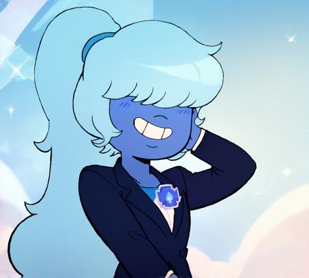 Sapphire, blue hair, blue skin, hair over eyes, long hair, cyclops, round eye, blue eye, blue dress, puffy sleeves, white gloves, suit,