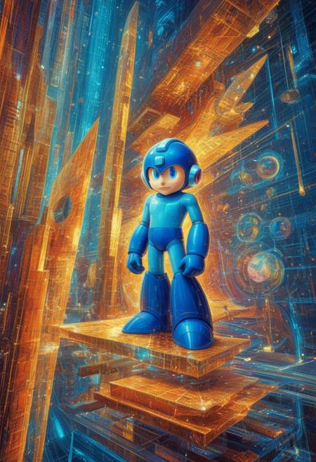 A masterpiece of sci-fi style created by the collaboration of Leonardo da Vinci. The main objects are sliced at intervals along a diagonal, with each interval featuring Megaman,the remaining materials are those that the main object would originally have.  surrealism, high contrast, vibrant colors, psychedelic patterns, ethereal glow. The overall mood should be one of spiritual contemplation and otherworldly beauty. It's like something in the style of science fiction.Rockmegamen,HD32K, hyperdetailed, best quality, aidmaMJ6.1.