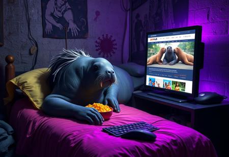 Photorealistic depiction of a manatee: the King of the manatees lays belly-down on a small unkempt bed inside a dank dirty room with purple LED lighting. He has greasy dyed black hair with white roots on his head. Beside his pillow on the bed is a bowl of mac'n'cheese. He is reaching for the mouse and keyboard in the foreground. He stares at a computer monitor which displays an nsfw video streaming website named "dornhub" featuring plus sized walruses in bikinis