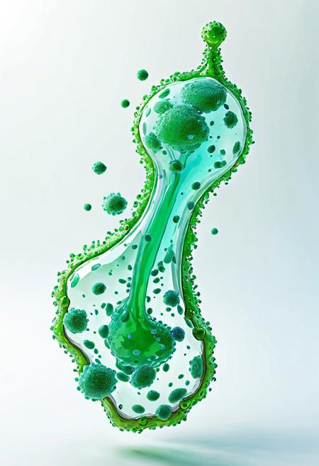 Side view, 2d game assets, Flat drawing, Living drop, transparent amoeba with visible organoids, azure-green gradient, hyperrealistic, close-up, detailed, side view, game character, concept, game asset,, simple white background