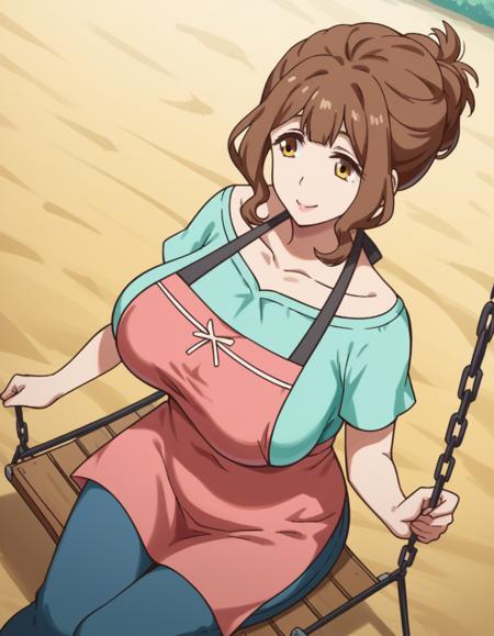 torino kazami, large breasts, brown hair, brown eyes, mature female, folded ponytail, sidelocks, shirt, apron, green shirt, collarbone, pink apron, pants, denim