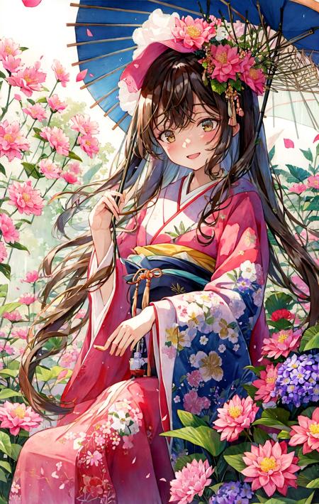 1girl, bangs, bell, black_umbrella, blue_umbrella, blush, branch, brown_eyes, brown_hair, camellia, cherry_blossoms, daisy, dango, egasumi, eyebrows_visible_through_hair, falling_petals, floral_background, floral_print, flower, flower_\(symbol\), hair_flower, hair_ornament, hanami, hat_flower, holding, holding_umbrella, hydrangea, japanese_clothes, karakasa_obake, kimono, lily_\(flower\), long_hair, long_sleeves, looking_at_viewer, lotus, marker_\(medium\), oil-paper_umbrella, open_mouth, painting_\(medium\), parasol, petals, petals_on_liquid, pink_flower, pink_kimono, pink_theme, pink_umbrella, plum_blossoms, purple_umbrella, rain, red_umbrella, ribbon, round_window, sakura_miku, sanshoku_dango, shared_umbrella, smile, solo, special_feeling_\(meme\), spring_\(season\), tatara_kogasa, traditional_media, transparent, transparent_umbrella, tree, uchikake, umbrella, upper_body, wagashi, watercolor_\(medium\), white_flower, white_umbrella, wide_sleeves, wisteria, yamato_\(kancolle\) <lora:style_YZL:1>