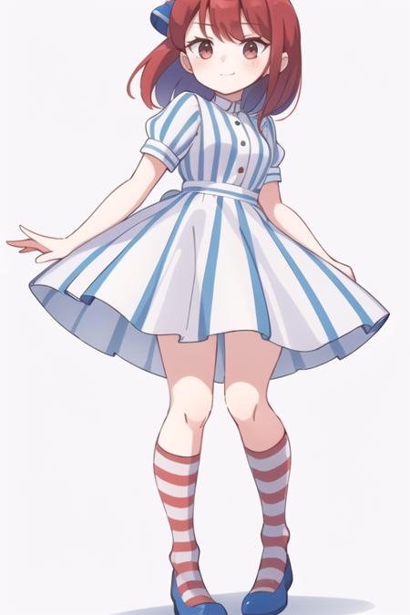 1girl,  <lora:WendyW:0.7>,  wendyw, striped socks, white and blue dress, red hair