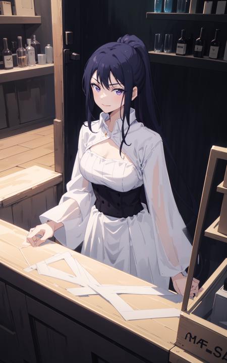 anime, ((thies up view)), lixu, a woman with long black ponytail hair, three front hair strands, purple eyes, a white one-piece outfit, a black waistband, smiling, at bar, 8k, Unreal Engine 5, octane render, by kyun, gamang, Yoon Gon-Ji, g.ho, gosonjak, shuroop, serious, domi, noah, trending on pixiv, fanbox, skeb, masterpiece, smooth soft skin, big dreamy eyes, beautiful intricate colored hair, symmetrical, anime wide eyes, soft lighting, concept art, digital painting, <lora:lixu:0.4>