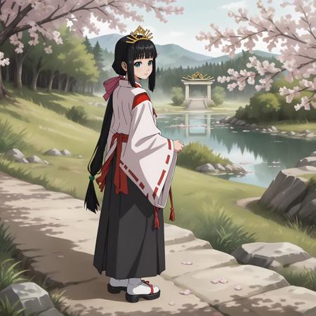 Shizuku,1girl,black hair,low ponytail,hair ribbon,green eyes, very long hair, tiara, miko, hakama,tabi,