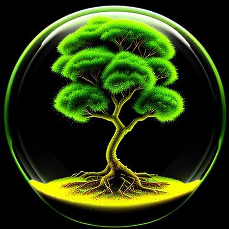 highly detailed, high quality, round tree, floating glowing tree, roots, above transparent water,
