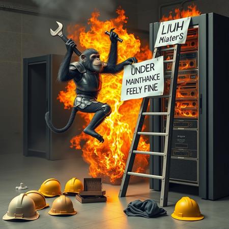 realistic, realism, surreal, monkey in armor holding a wrench, breakdancing on step ladder, in front of burning server machine, server is on fire. (a paper sign on ladder say "UNDER MAINTENANCE, EVERYTHING IS FINE"), there are hard hats and pizza boxes on the floor, a monk is kneeling in prayer on the floor.