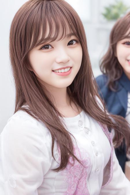 best quality, masterpiece, (photorealistic:1.3), a woman with long hair and a smile on her face is waving her hand up to the camera, 1girl, solo, shirt, brown hair, looking at viewer, realistic, long hair, smile, bangs, brown eyes, nose, depth of field , Yabuki Nako,  <lora:Nako-obentoai-v1:0.8>