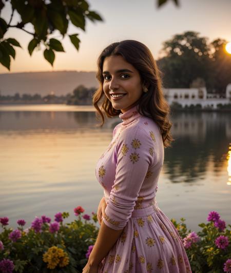 p3p3v2 , smile, nature, breast, Colorful flowers, Sunset, soft light, intricate, Udaipur Rajasthan lake, Turtleneck, dress without neckline, ((close portrait))